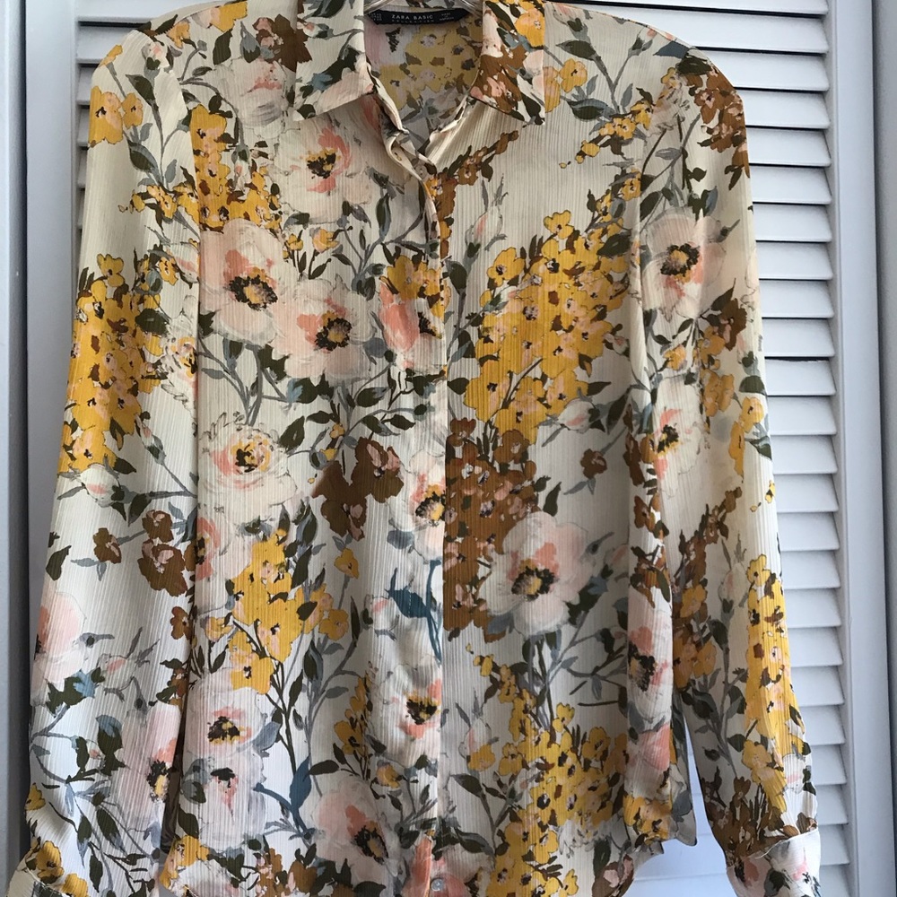 Zara floral chiffon feel long sleeve blouse